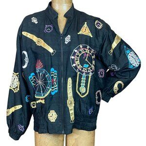 VTG CACHE Silk Bomber Jacket Novelty Watch Pattern S Black 336G